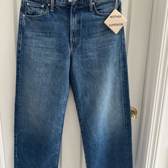 MOTHER Blue Straight Leg Jeans with Cherry Embroidery - Picture 3 of 11